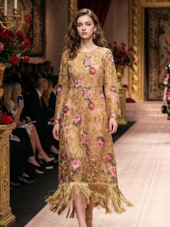 embroided luxury runway dress Blush Pink Embroidered Dress with Feathered Sleeves XL main image 1